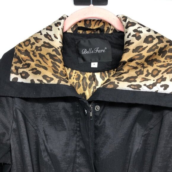 Bella Fare Black Cheetah Print Trim Lining retro slim fit Trench Coat size M - Picture 3 of 13